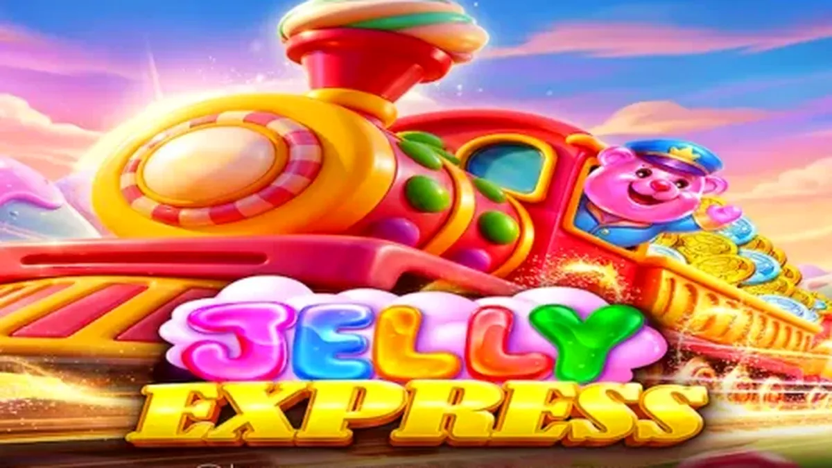 Cenário vibrante e açucarado do jogo Jelly Express com doces e trilhos de chocolate